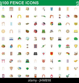 Clôture 100 icons set, cartoon style Illustration de Vecteur