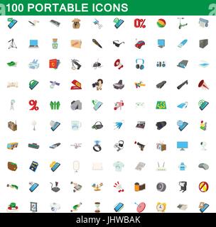 100 icons set portable, cartoon style Illustration de Vecteur
