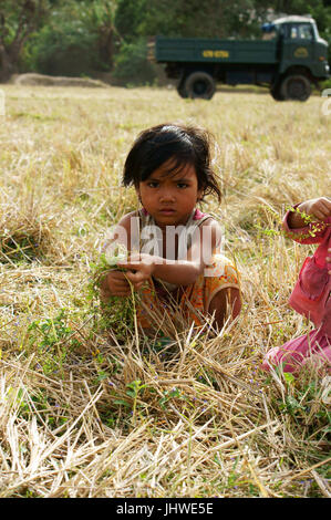 Le VIET NAM, BUON ME THUOT, deux enfants asiatiques avec joli visage à la fille sur l'herbe sèche végétale pré, enfant pauvre dans le desert campagne, Vietnam Banque D'Images