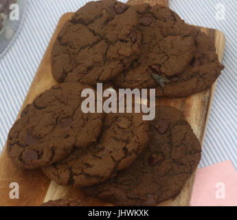 Mouche domestique mange les cookies double chocolat sur une maquette Banque D'Images