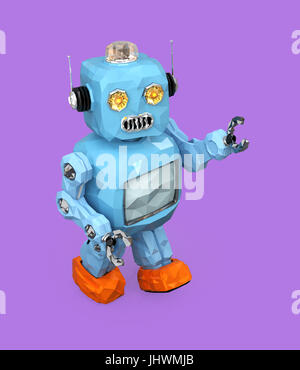 Poly robot retro faible marche isolé sur fond violet. Le rendu 3D image. Banque D'Images