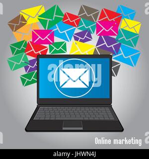 Le marketing en ligne, e-mail newsletter avec ordinateur portable, Illustration de Vecteur