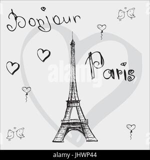 Vector hand drawn illustration avec tour Eiffel. Bonjour Paris. Illustration de Vecteur