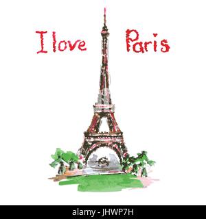 Love in Paris. La Tour Eiffel,lettrage,coeurs roses.à la main décor aquarelle.Vintage Vector illustration Illustration de Vecteur