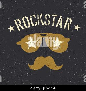 Rockstar. Lunettes de soleil avec étoile et moustache avec lettrage. Modèle de conception d'impression en t Illustration de Vecteur