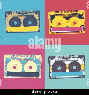 Cassette audio retro musique popart seamless background. Cassette audio pop-art illustration modèle homogène. Cassettes audio rétro, style pop art, seaml Illustration de Vecteur