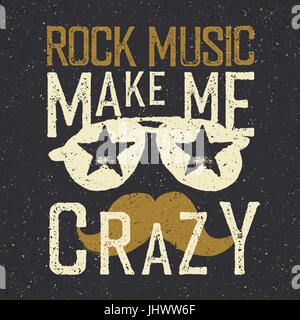 'La musique Rock me rendre dingue'. Lunettes de soleil avec étoile et moustache. Modèle de conception d'impression en t Illustration de Vecteur