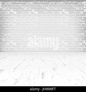 Chambre blanche vide avec plancher en bois et mur de brique Illustration de Vecteur
