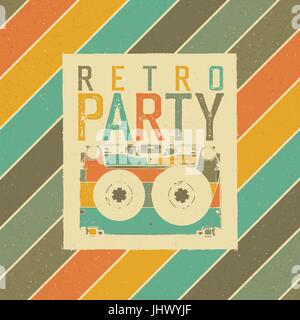 Retro Party. Le meilleur des années 80. Vintage Music Party Notice Modèle. Couleurs rétro. Image retro cassette audio. Grunge, vintage, texturés et illustration. Illustration de Vecteur