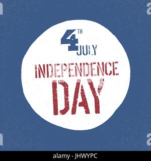 4 juillet Jour de l'indépendance d'un insigne patriotique. Texte en forme de drapeau américain sur zone cercle. Conception patriotique nous modèle. Grunge fond bleu. Illustration de Vecteur