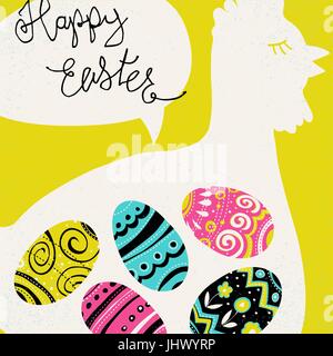 Joyeuses Pâques bonjour. Des œufs et du poulet vif d'ossature avec bulle et de calligraphie texte 'Joyeuses Pâques'. De style rétro, des couleurs vives sur illust Illustration de Vecteur