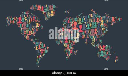 La carte du monde fait de beaucoup de personnes de silhouettes. Collection de portraits de différentes personnes placées en forme de carte du monde. Carte du monde fait de larg Illustration de Vecteur