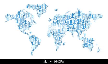 La carte du monde fait de beaucoup de personnes de silhouettes. Collection de portraits de différentes personnes placées en forme de carte du monde. Carte du monde fait de larg Illustration de Vecteur