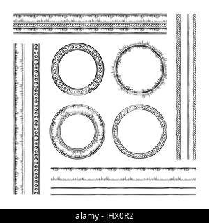 Ensemble d'images vectorielles ronde et frontières. Corde et dessins en pointillés. Collection de pinceaux pour concevoir des cadres, des frontières et des séparateurs. Les balais inclus Illustration de Vecteur