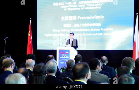 Varsovie, Pologne. Le 13 juillet, 2017. Zhang Dejiang, président du Comité permanent du Congrès National du Peuple, l'adresse d'un forum sur la courroie et l'Initiative de la coopération et de l'infrastructure routière à Varsovie, Pologne, le 13 juillet 2017. Zhang a effectué une visite amicale à Pologne officielle du 12 au 16 juillet. Credit : Ma Zhancheng/Xinhua/Alamy Live News Banque D'Images