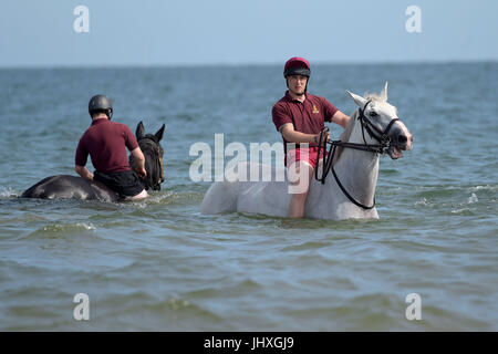 Holkham Beach, Norfolk, Royaume-Uni. 17 juillet, 2017. La Household Cavalry régiment monté prendre part à l'entraînement et de détente sur la plage de Holkham Norfolk, Angleterre dans le cadre de leur camp d'été annuel où chevaux et cavaliers obtenir loin de cérémonies à Londres. Après la prise de parc dans la parade la couleur et le Queens parade anniversaire le mercredi 12 juillet, le régiment monté s pour sa parade finale de la saison, à l'escorte de Sa Majesté la reine avec le roi Philippe et la Reine Letizia d'Espagne. Crédit : MARTIN DALTON/Alamy Live News Banque D'Images