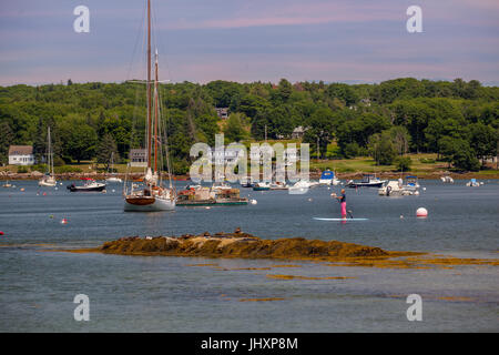 Une femme paddleboards sur Pemaquid Bay à Bristol, Maine, USA. Banque D'Images