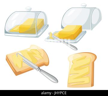 Propagation du couteau de beurre ou de margarine sur tranche de pain grillé et d'un bar de beurre, vecteur de conception plate et page du site Web mobile app design. Illustration de Vecteur