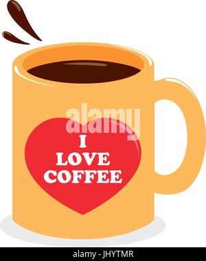 Tasse de café jaune et coeur avec "J'aime le café" du texte. Vector illustration. Illustration de Vecteur