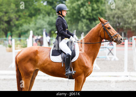 Fille jeune cavalier sur un cheval alezan à la compétition équestre de dressage Banque D'Images