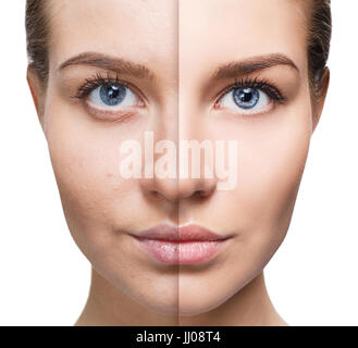 Portrait de femme avant et après la retouche. Banque D'Images