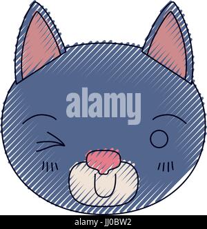 Crayon couleur mignon visage silhouette de chat cligne de l'œil d'expression Illustration de Vecteur