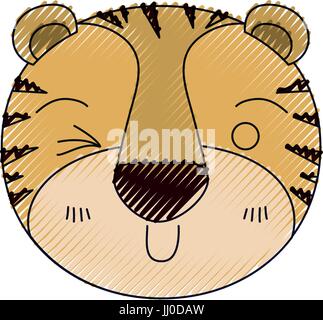 Crayon couleur mignon visage silhouette de clin d'oeil de tigre expression Illustration de Vecteur