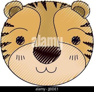 Crayon couleur mignon visage silhouette de tiger le bonheur d'expression Illustration de Vecteur