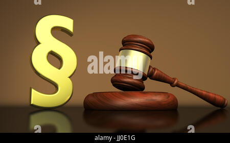 Justice, droit et le système juridique concept avec un paragraphe d'or symbole et d'un maillet en bois sur un desktop 3D illustration. Banque D'Images