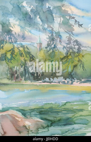 Nuages sur le lac paysage aquarelle Banque D'Images