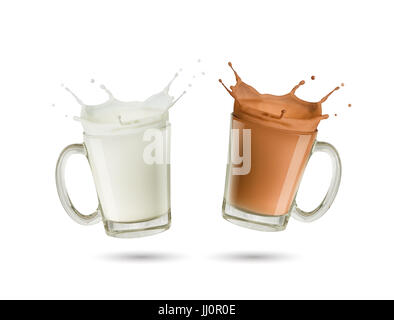 Des éclaboussures de lait et du lait au chocolat en verre sur fond blanc Banque D'Images