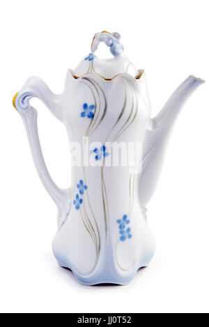 Pot de café dans le style art nouveau isolées sur fond blanc bleu éléments floraux. Banque D'Images