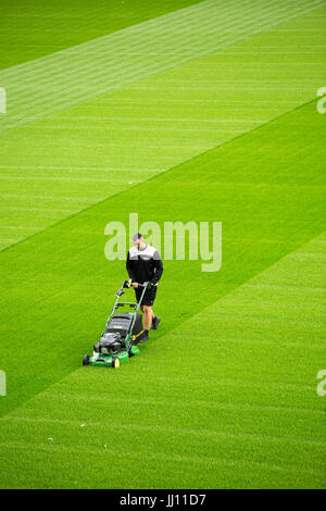 Un groundsman coupe l'herbe à Ashton Gate stadium, Bristol. Banque D'Images