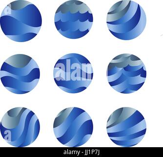 Couleur bleu isolé abstrait de l'état de la mer et ciel nuages logos défini. Vecteur de collecte de l'eau logos stylisés. Jeu de liquide de forme ronde Illustration de Vecteur