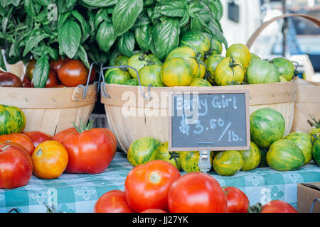 Marché de producteurs de tomates biologiques cultivés localement pour la vente. Banque D'Images