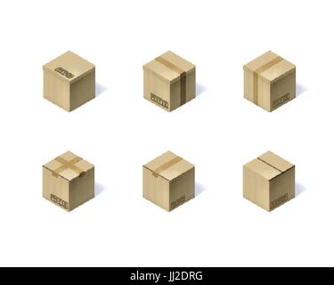 Ensemble de six boîtes de carton isométrique isolé sur blanc. Illustration de Vecteur