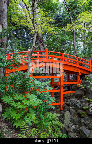 Un pont rouge au jardin Koishikawa Kōrakuen Jardins en Bunkyo, Tokyo, Japon. Banque D'Images