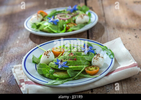 Plaquettes de tranches d'avocat sur toast de pain d'épices et d'mozzarellaon avec torchon décoration bourrache sur fond de bois Banque D'Images