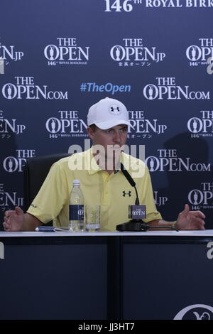 Southport, Royaume-Uni. 18 juillet, 2017. Southport, Lancashire, UK, 18e Juillet 2017 Jordan Spieth (USA) ex-Masters et l'US Open avec la presse parle de Champion à la 146e Open Golf Championship au Royal Birkdale Golf Club Crédit : Motofoto/Alamy Live News Banque D'Images