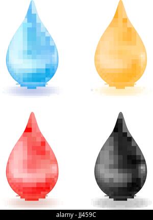 Ensemble de gouttes réaliste, jaune, bleu, rouge, noir. Drop 3d isolé sur fond blanc. L'eau, le sang, l'huile, le miel. Vector illustration. Illustration de Vecteur