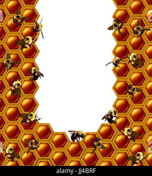 Châssis en nid d'abeilles avec un groupe d'insectes abeilles travail sur une copie isolée blanc space center avec éléments 3D illustration Banque D'Images