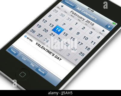 Saint-valentin 2018 Rappel sur téléphone mobile Affichage agenda calendrier Banque D'Images