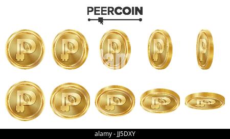 Peercoin les pièces d'or 3D Vector Set. Réaliste. Différents angles de bascule. La monnaie numérique de l'argent. Concept d'investissement. Finances La cryptographie Coin Icônes, signe. Fintech Blockchain. Service de Isolated On White Illustration de Vecteur
