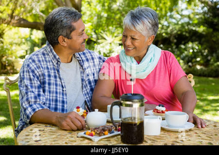 Senior couple drinking tea at the park Banque D'Images