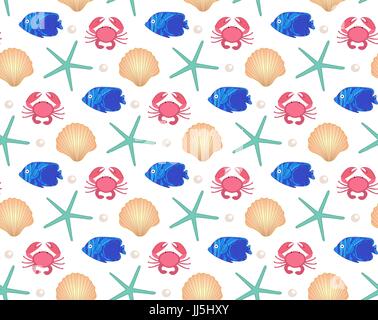 Modèle sans couture Marine, cartoon style. L'Underwater World, Sea life fond infini. Les étoiles de mer, coquillages, poissons de répéter la texture. Vector illustration. Illustration de Vecteur