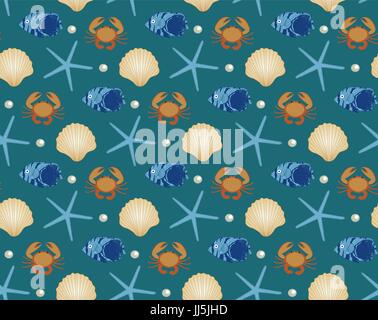 Modèle sans couture Marine, cartoon style. L'Underwater World, Sea life fond infini. Les étoiles de mer, coquillages, poissons de répéter la texture. Vector illustration. Illustration de Vecteur