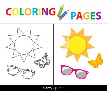 Page de livre de coloriage. Ensemble d'été, lunettes, soleil, papillon. Plan et croquis version couleur. Coloriages pour les enfants. L'éducation des enfants. Vector illustration. Illustration de Vecteur