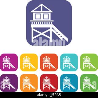 Maison sur pilotis en bois icons set Illustration de Vecteur