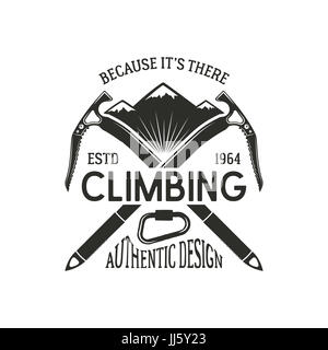 Escalade Vintage badge. Logo d'escalade, vintage emblème. Engrenage montée - mousqueton et texte. T shirt Retro design. Illustration de style ancien. Insigne d'escalade Banque D'Images