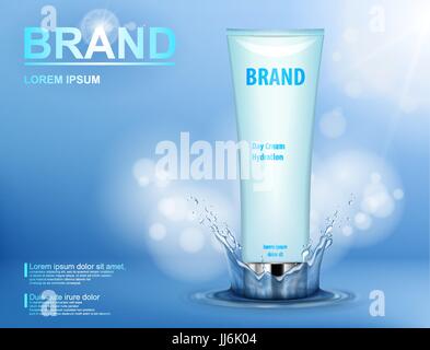 Hydratant cosmétique produit de marque. Récipient avec de la crème sur fond bleu avec les éclaboussures d'eau et des effets de flou. Tube cosmétique réaliste vector illustration Illustration de Vecteur